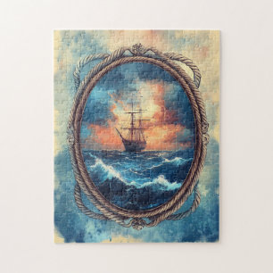 Ship on Stormy Sea Rope Border Art Jigsaw Puzzle