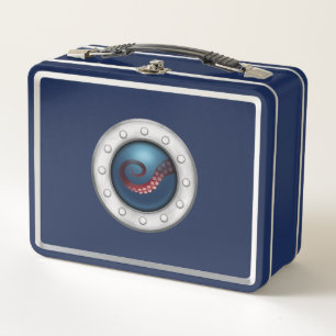 Ship Porthole Octopus Sea Monster Sailor Navy Blue Metal Lunch Box