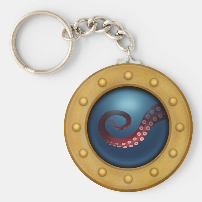 Ship Porthole with Octopus Nautical Steampunk Keychain (Front)