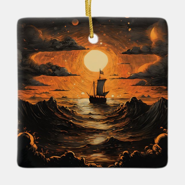 Ship sailing in the night  ceramic ornament (Front)