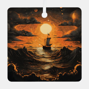 Ship sailing in the night metal ornament