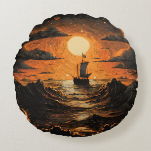 Ship sailing in the night round pillow