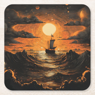 Ship sailing in the night square paper coaster