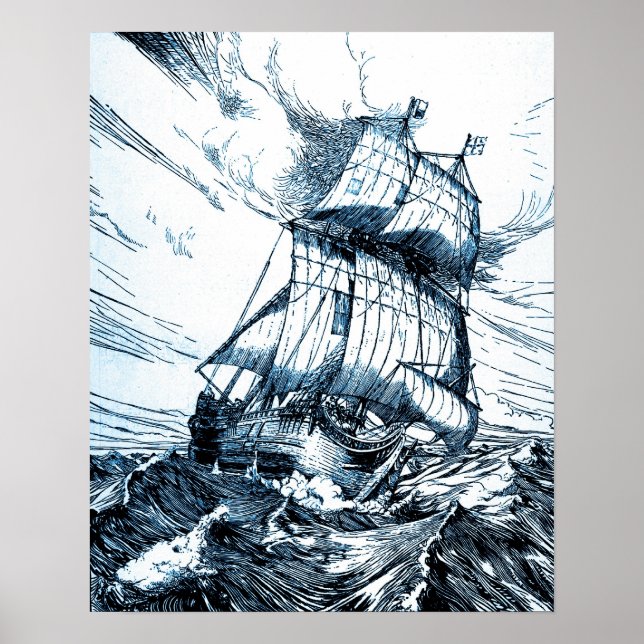 Ship Sailing Nautical Ocean Waves Poster (Front)