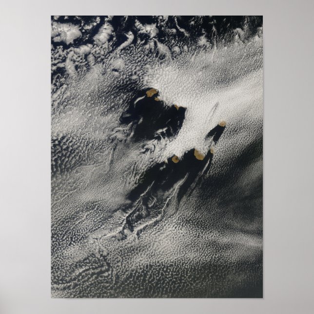 Ship-wave-shaped wave clouds and cloud vortices poster (Front)