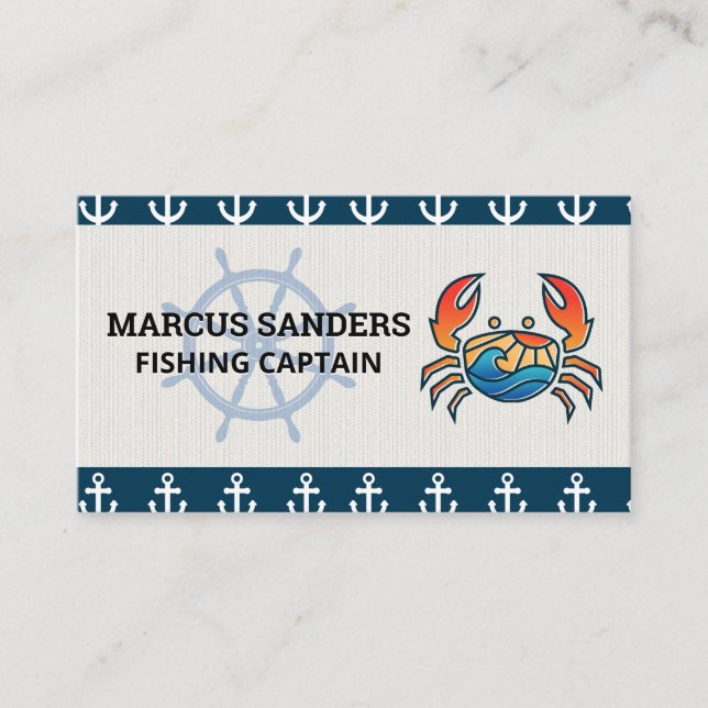 Ship Wheel | Anchor Pattern | Crab Logo Business Card (Front)