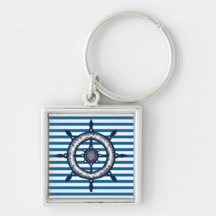 Ship Wheel Blue and White Stripe Keychain