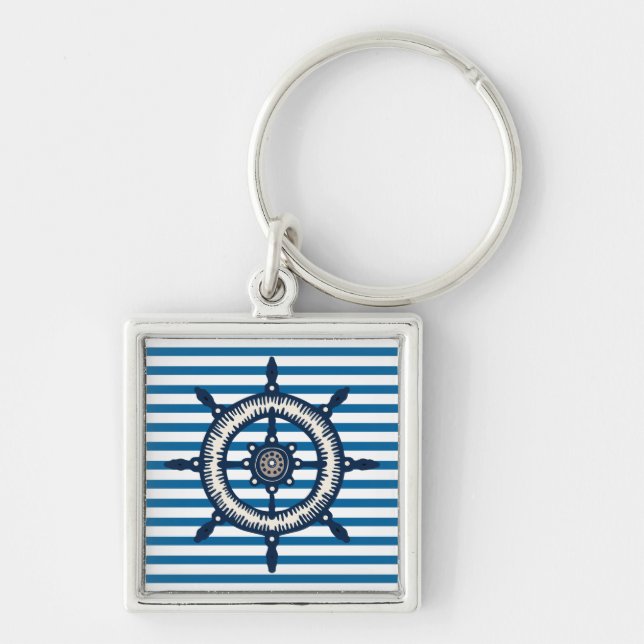Ship Wheel Blue and White Stripe Keychain (Front)