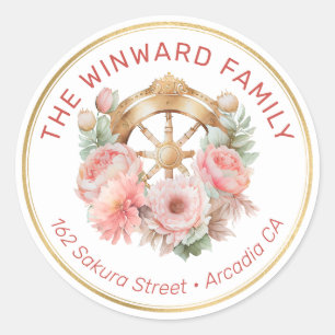 Ship Wheel, Crown, and Floral Nautical Address Classic Round Sticker