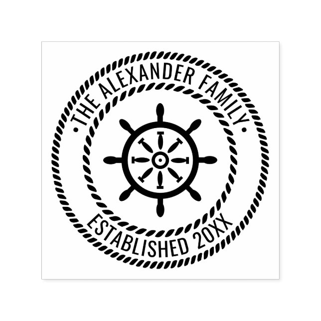 Ship Wheel Family Name Date Estd Rope Frame Self-inking Stamp (Design)