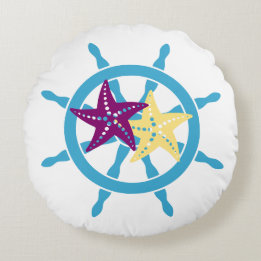 Ship wheel helm starfish round pillow
