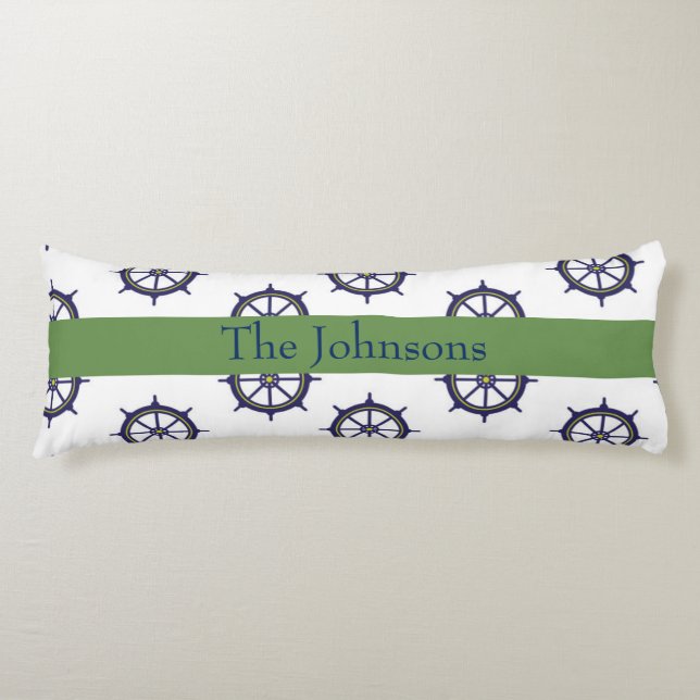 Ship Wheel Nautical Green and Blue Body Pillow (Front)
