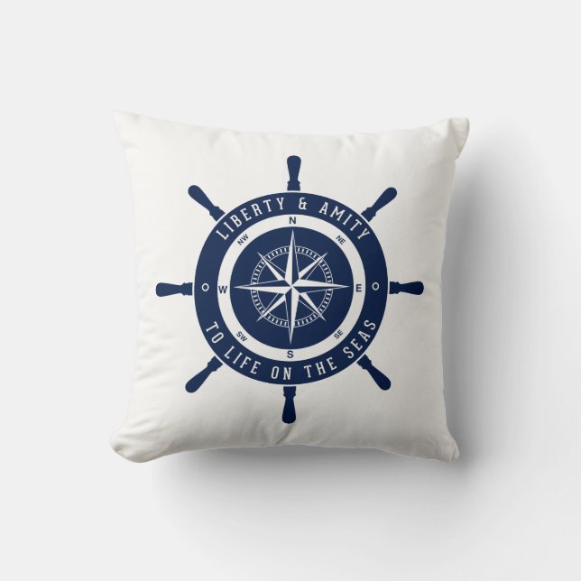 Ship Wheel, Nautical Star - Blue, White - Nautical Throw Pillow (Front)