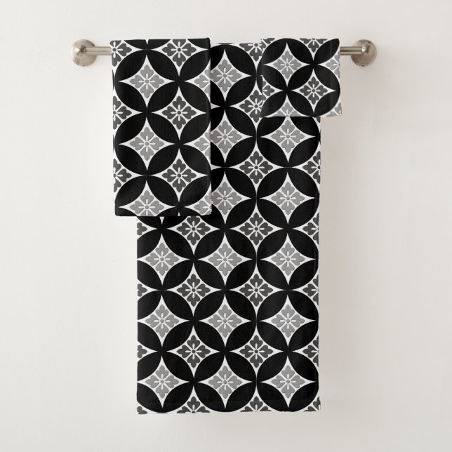 Shippo with Flower Motif, Black, White and Grey  Bath Towel Set (Insitu)