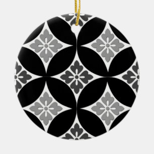 Shippo with Flower Motif, Black, White and Grey Ceramic Ornament
