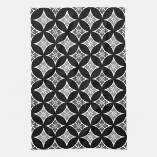 Shippo with Flower Motif, Black, White and Grey Kitchen Towel