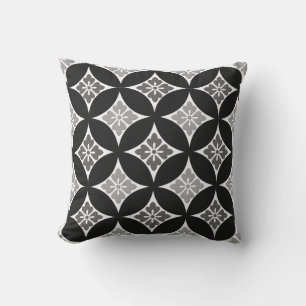 Shippo with Flower Motif, Black, White and Grey Throw Pillow