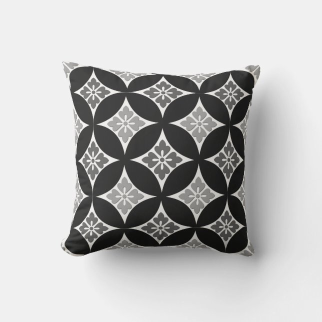 Shippo with Flower Motif, Black, White and Grey Throw Pillow (Front)