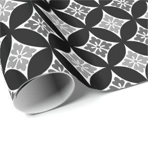 Shippo with Flower Motif, Black, White and Grey Wrapping Paper