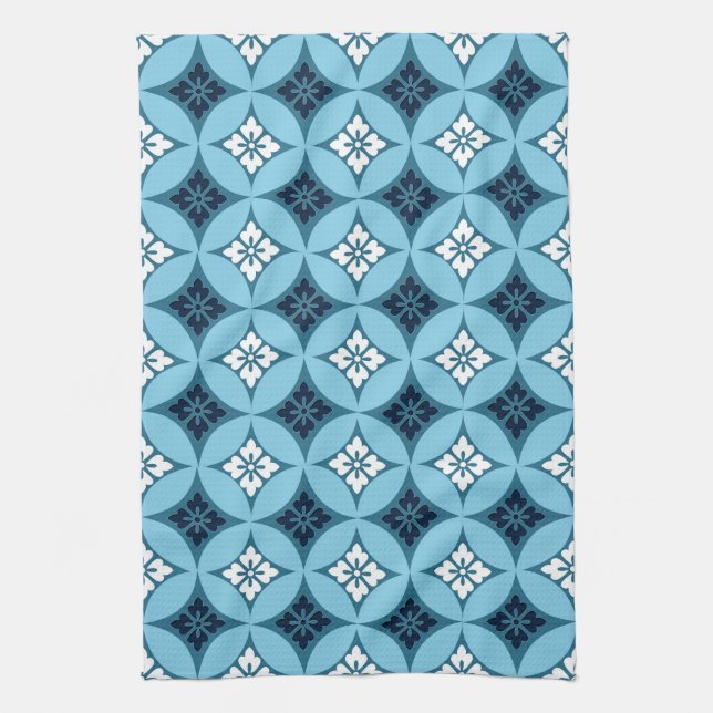 Shippo with Flower Motif, Blue and White Kitchen Towel (Vertical)