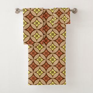 Shippo with Flower Motif, Brown and Golden Yellow  Bath Towel Set