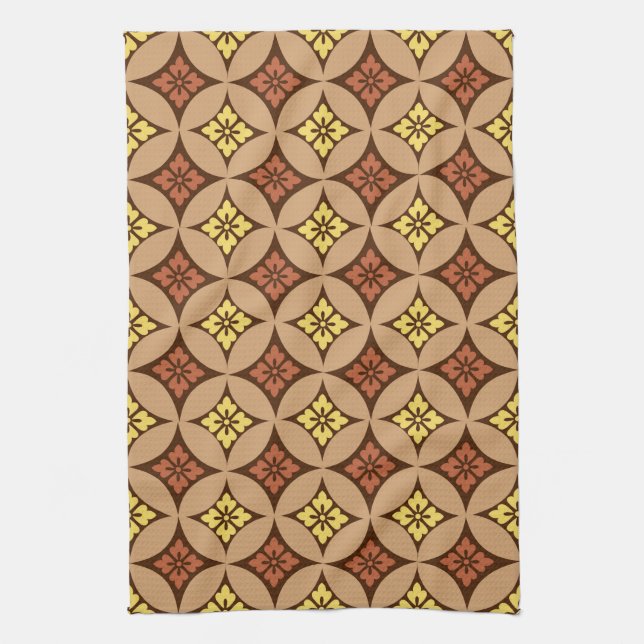 Shippo with Flower Motif, Brown and Golden Yellow Kitchen Towel (Vertical)
