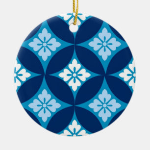 Shippo with Flower Motif, Indigo Blue and White   Ceramic Ornament