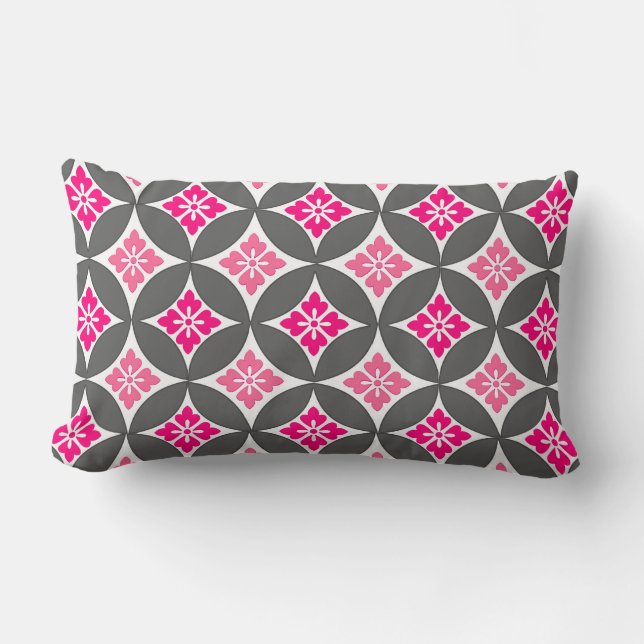 Shippo with Flower Motif, Pink and Silver Grey Lumbar Pillow (Front)