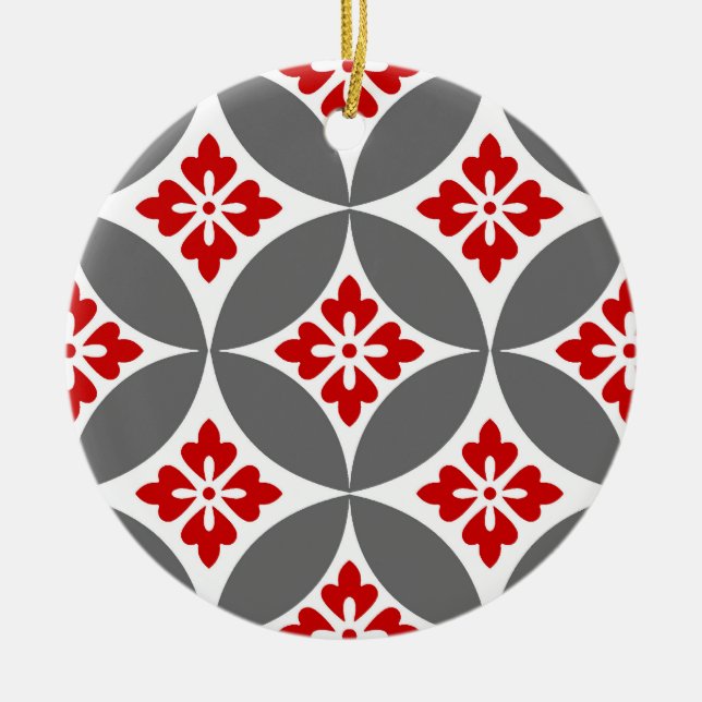 Shippo with Flower Motif, Red, White and Grey  Ceramic Ornament (Front)