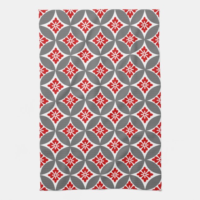 Shippo with Flower Motif, Red, White and Grey Kitchen Towel (Vertical)