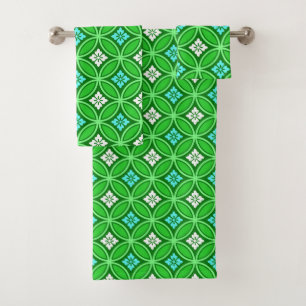 Shippo with Flower Motif, Shades of Jade Green Bath Towel Set
