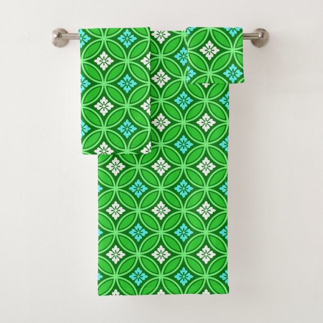 Shippo with Flower Motif, Shades of Jade Green Bath Towel Set (Insitu)