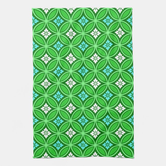 Shippo with Flower Motif, Shades of Jade Green Kitchen Towel (Vertical)