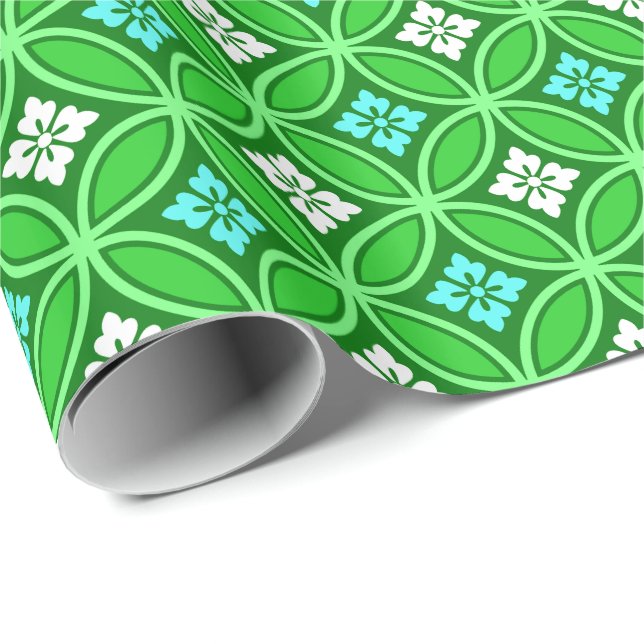 Shippo with Flower Motif, Shades of Jade Green Wrapping Paper (Roll Corner)