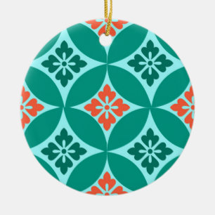 Shippo with Flower Motif, Turquoise and Coral  Ceramic Ornament