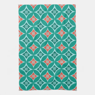 Shippo with Flower Motif, Turquoise and Coral Kitchen Towel