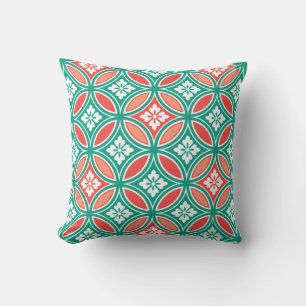 Shippo with Flower Motif, Turquoise and Coral Throw Pillow