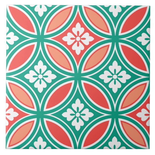 Shippo with Flower Motif, Turquoise and Coral Tile (Front)