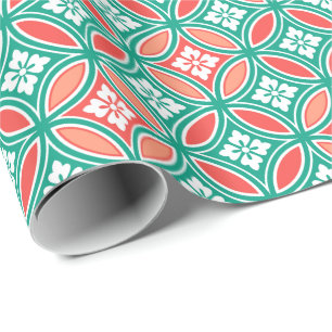 Shippo with Flower Motif, Turquoise and Coral Wrapping Paper
