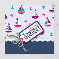 Ships Ahoy! Girl Birthday Invite Square 1