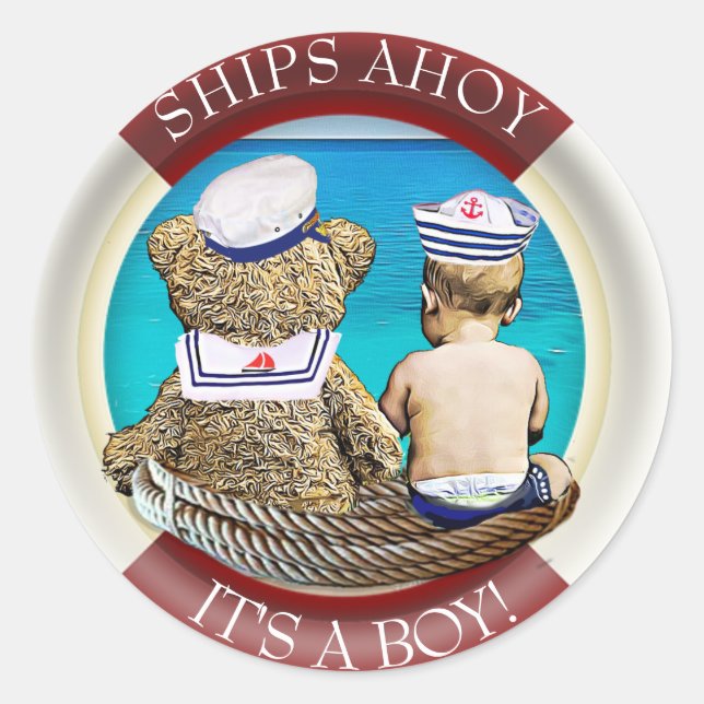 Ships Ahoy, It's a boy, Nautical Baby Shower Theme Classic Round Sticker (Front)
