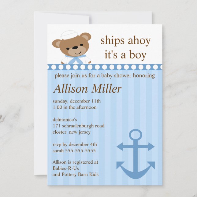 Ships Ahoy Nautical Boy Baby Shower Invitation (Front)