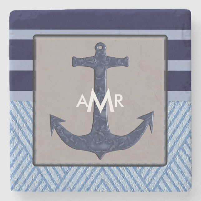 Ship's Anchor & Navy Blue Stripes, Nautical Stone Coaster (Front)