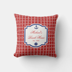 Ship's Anchor Red and Blue Nautical Monogram Throw Pillow