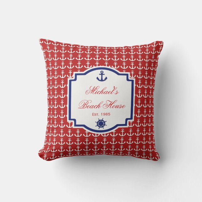 Ship's Anchor Red and Blue Nautical Monogram Throw Pillow (Front)