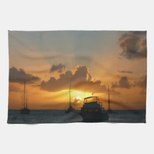 Ships and Sunset Tropical Seascape Kitchen Towel