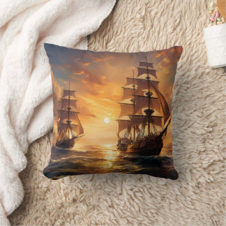 Ships at Sunset Throw Pillow