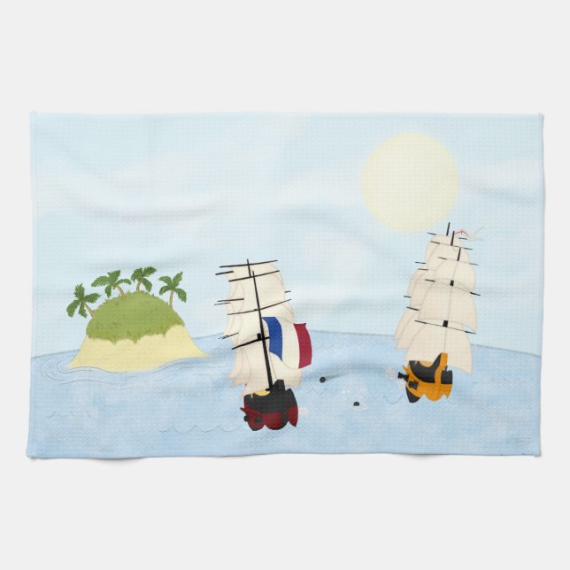 Ships Battle At Sea Near Tropical Island Kitchen Towel (Horizontal)