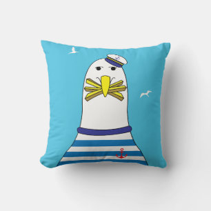 Ships Captain Sailor Seagull Cartoon Character Throw Pillow