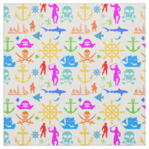 Ships, Fishes, Pirates. Colourful Nautical Pattern Fabric